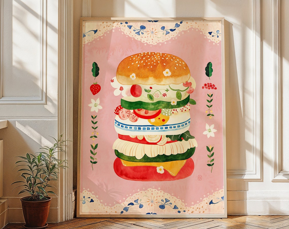 Whimsical Giant Burger Watercolor Pink Cafe Bakery Illustration Poster
