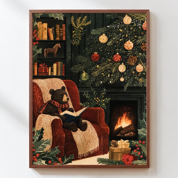 Christmas Bear Art Print Cozy Reading by Fireplace Holiday Winter Decor
