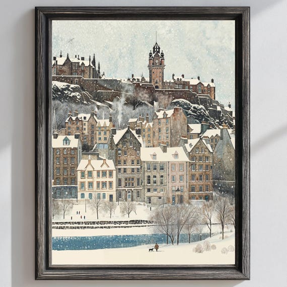 Winter In Edinburgh Art Print Snowy European Town Illustration Watercolor Christmas Wall Cozy Holiday Home Decor Neutral Poster