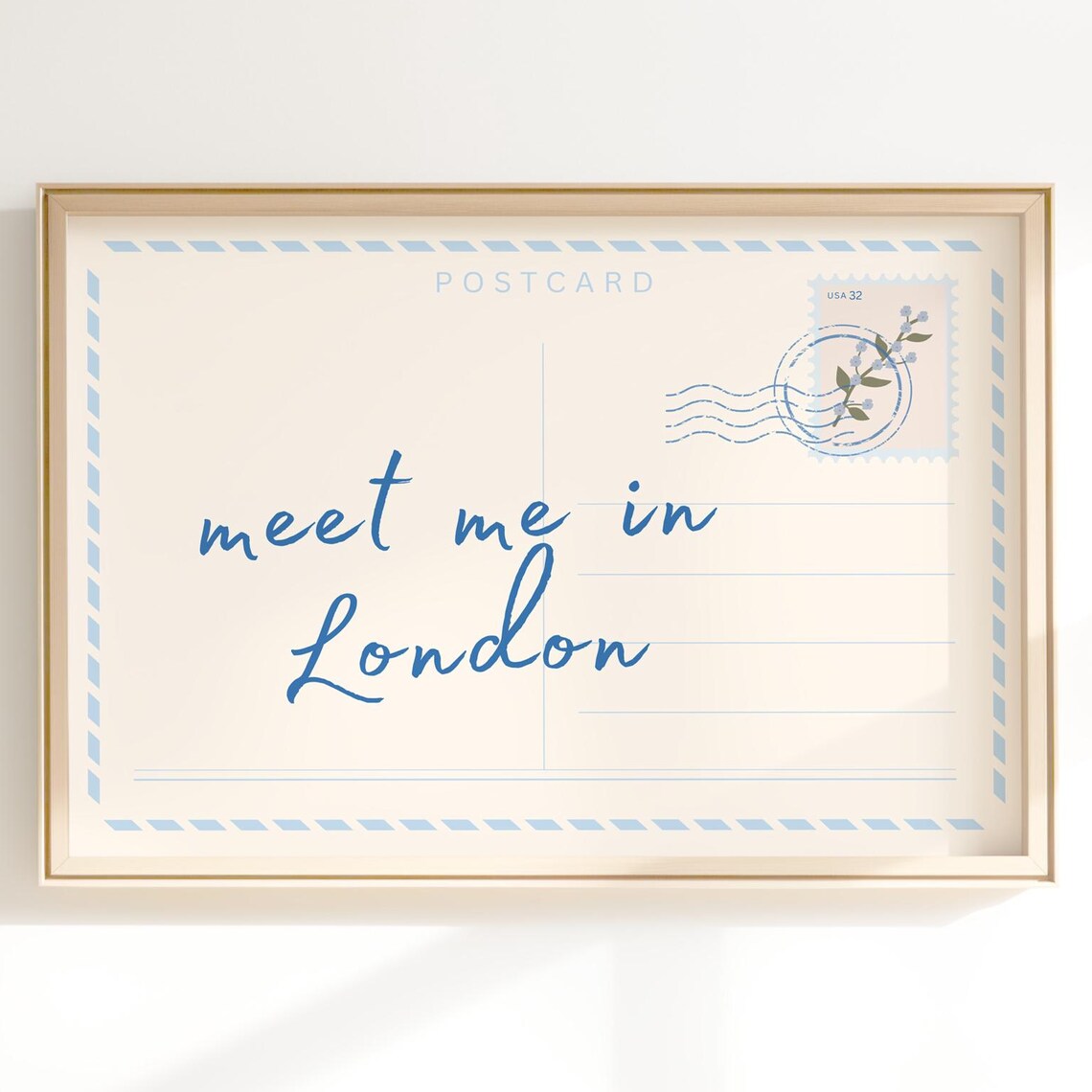 Meet Me in London Postcard Script Blue Cream Travel Wall Art