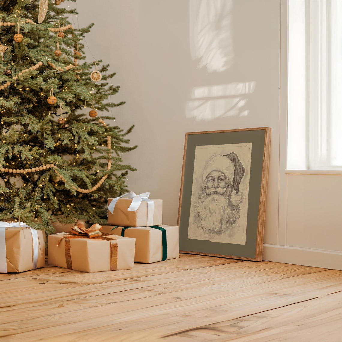 Vintage Santa Claus Sketch Portrait Olive Green Christmas Poster - Image 3