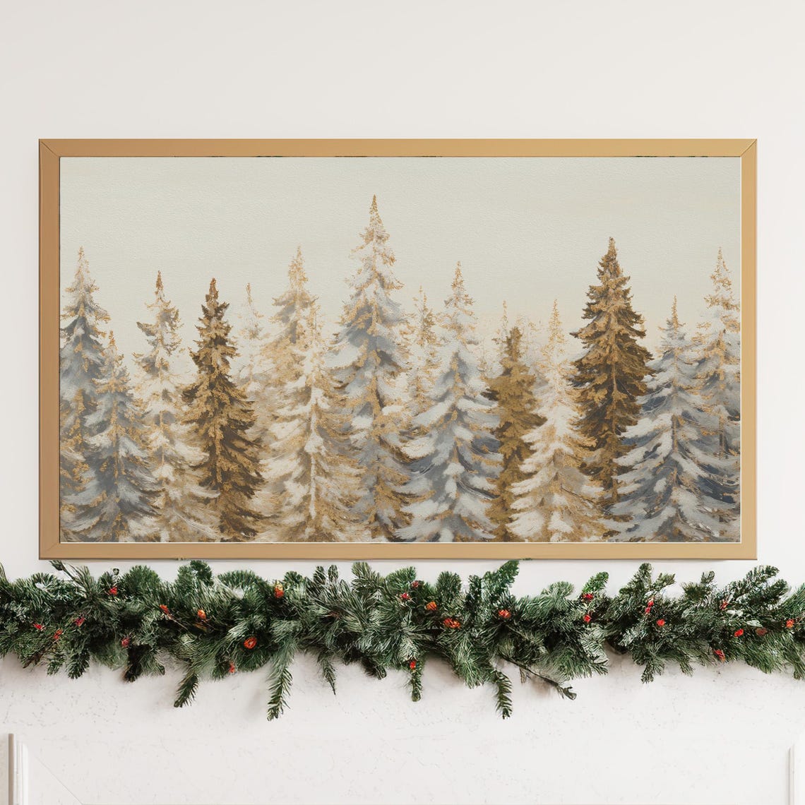 Snowy Evergreen Forest Winter Trees Gold and Blue Art Poster - Image 3