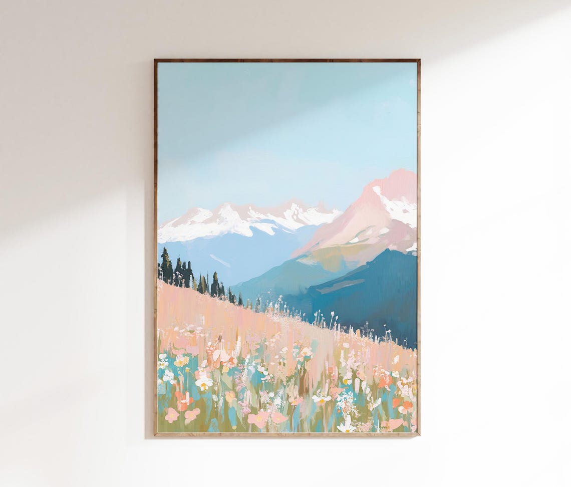 French Countryside Cottage Pastel Wildflower Mountain Art Poster