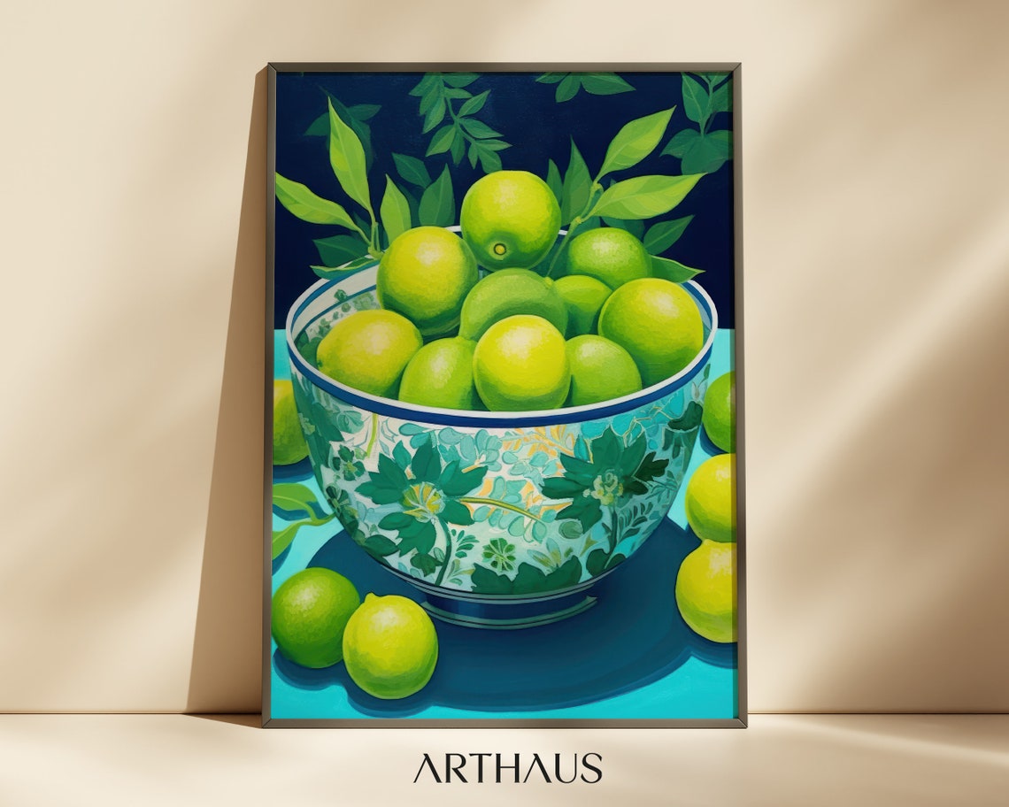 Fresh Green Limes in a Floral Ceramic Bowl Vibrant Still Life Poster