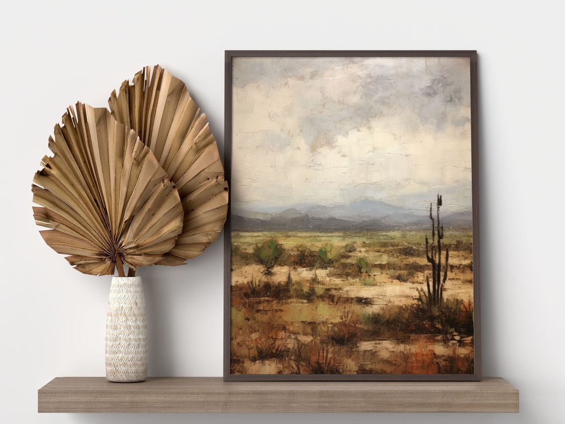 Desert Plain with Tall Cactus Vintage Oil Painting Style Poster - Image 3