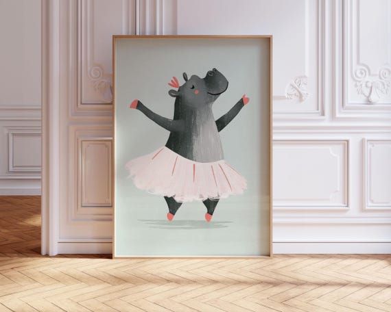 Ballerina Hippo Nursery Print Funny Animal Wall Art