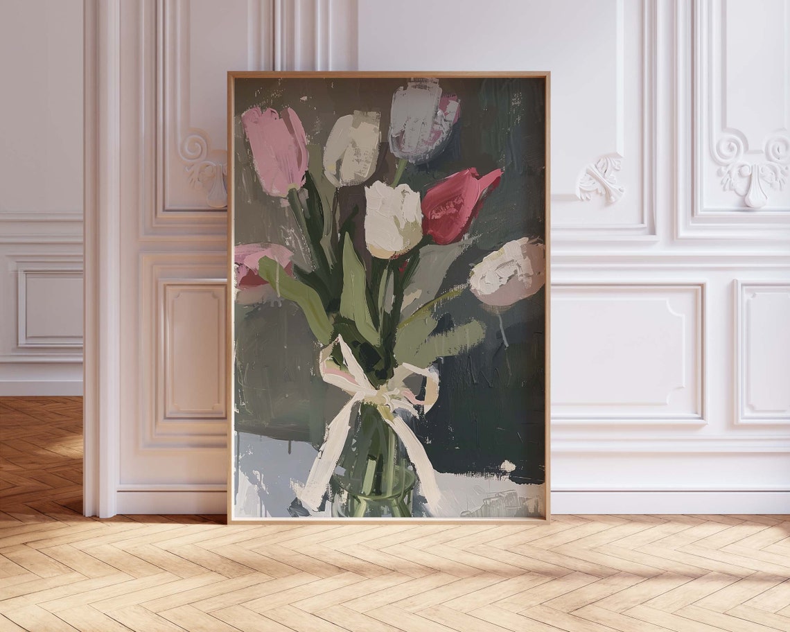 Tulips in Glass Vase with Ribbon Painterly Floral Still Life Poster - Image 3