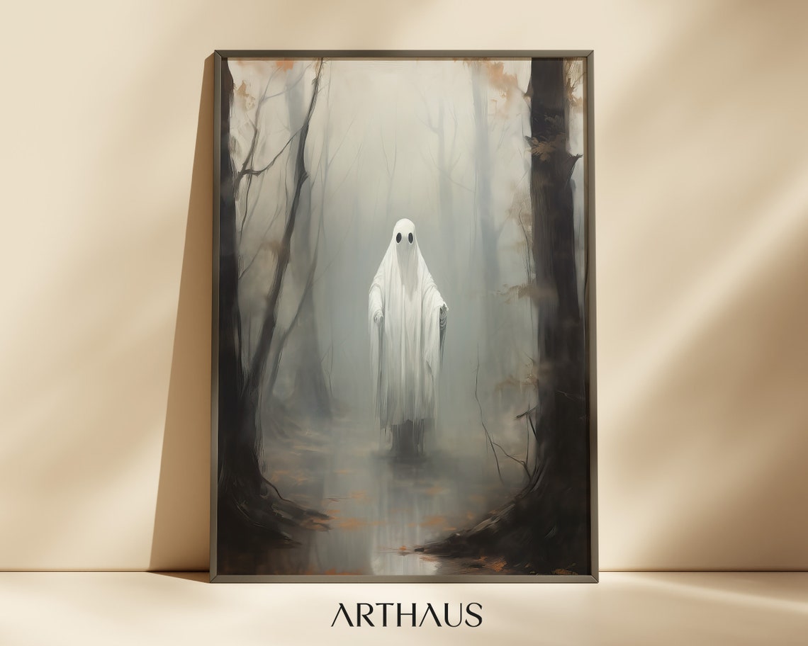 A Lone Sheet Ghost Standing In A Foggy Autumn Forest Scene Poster
