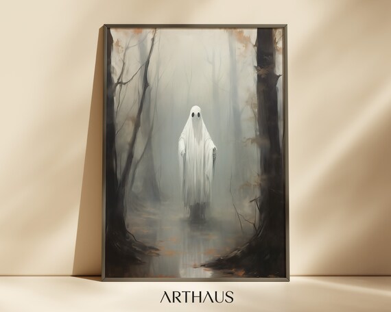 A Lone Sheet Ghost Standing In A Foggy Autumn Forest Scene Poster