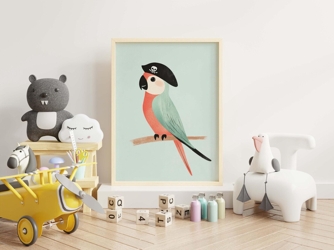 Pirate Parrot Kids Room Nursery Art Cute Tropical Bird Hat Wall Decor Poster