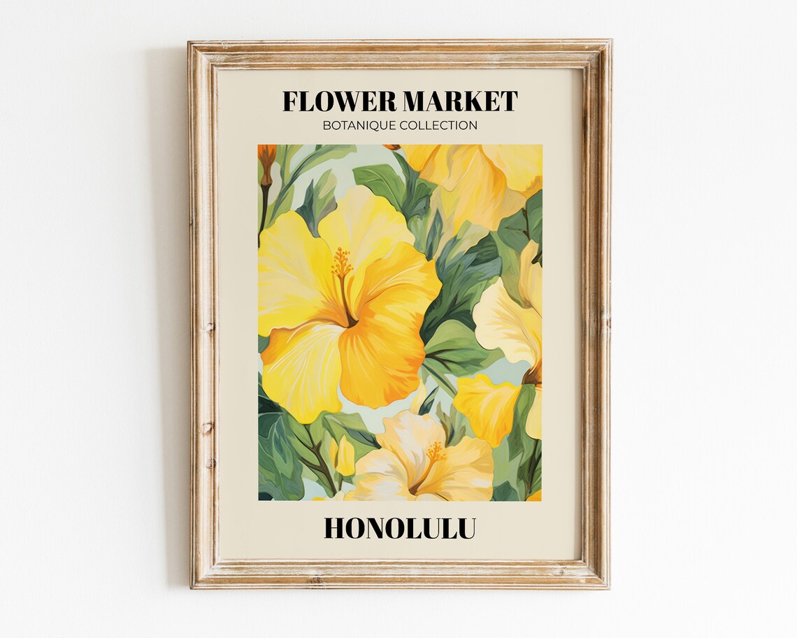 Honolulu Flower Market Yellow Hibiscus Vintage Botanical Poster - Image 2