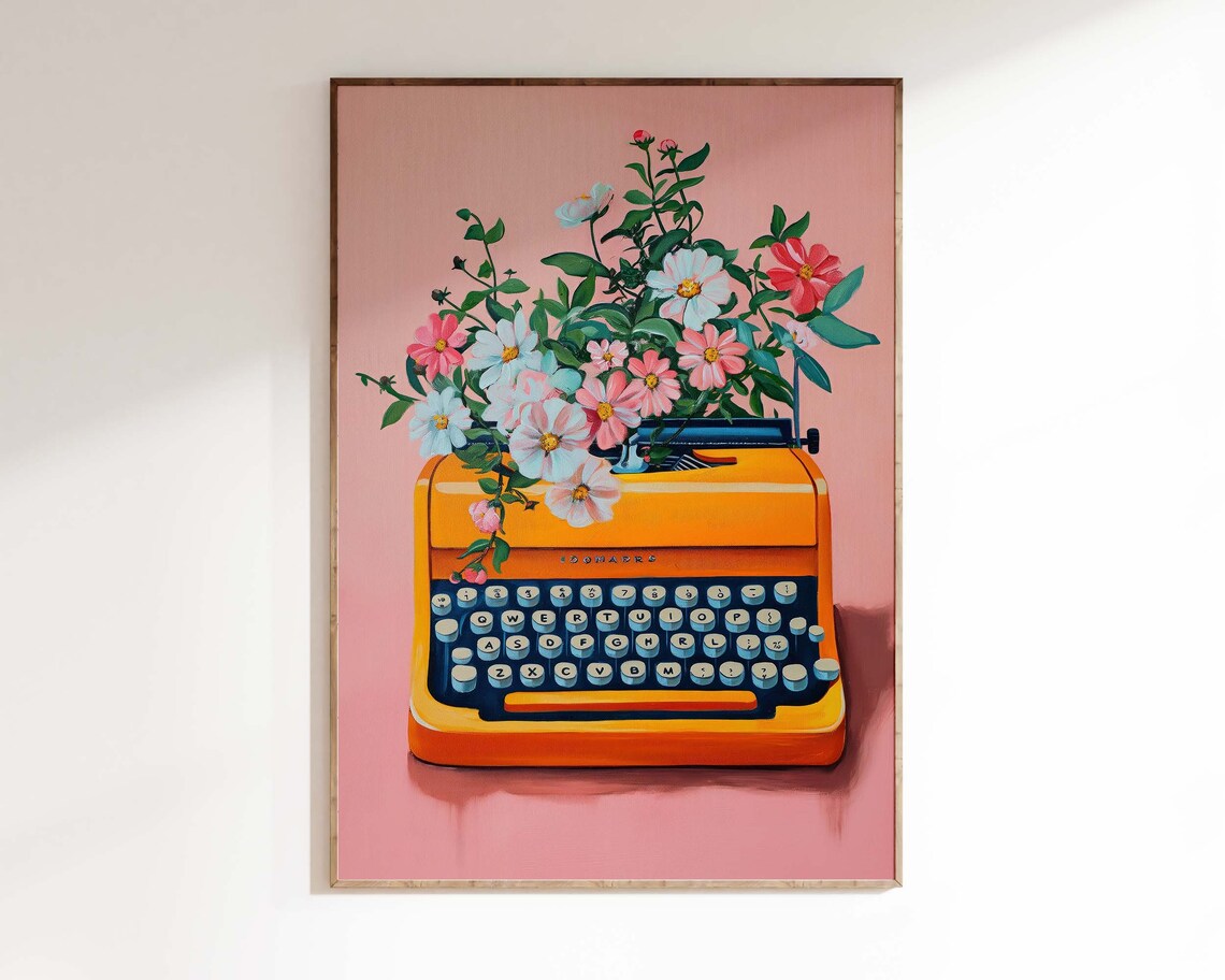 Pink Floral Typewriter Poster, Boho Nursery Decor