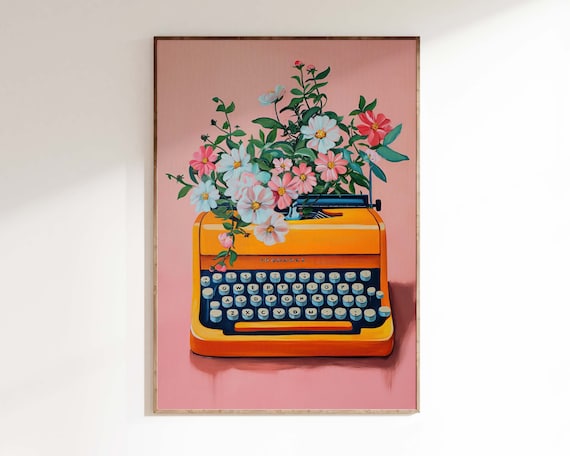 Pink Floral Typewriter Poster, Boho Nursery Decor