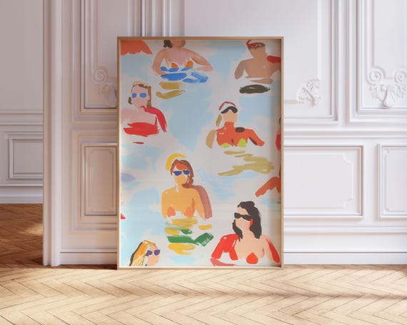 Vintage Swimmers Beach Art Print, Retro Coastal Decor