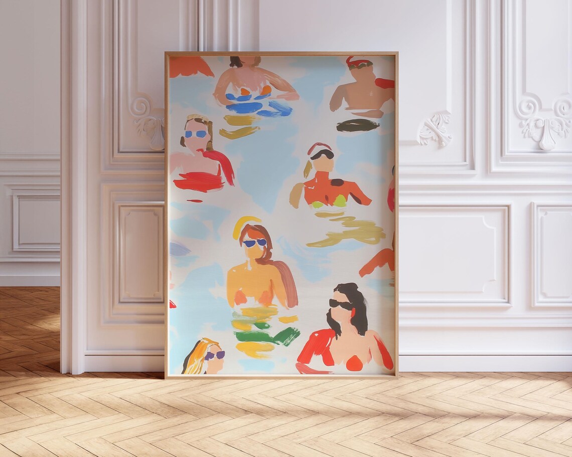 Vintage Swimmers Beach Art Print, Retro Coastal Decor