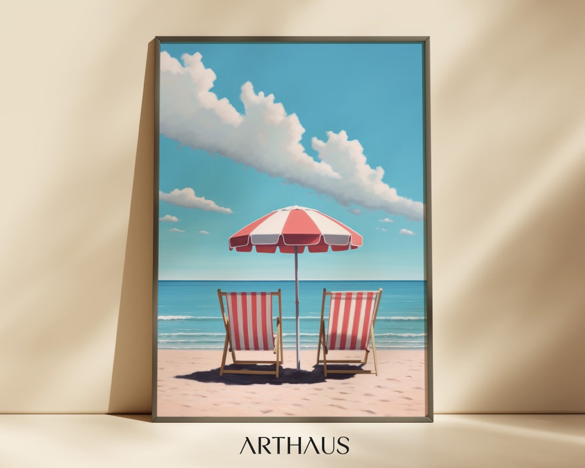 Vintage Retro Beach Chairs Red Umbrella Blue Seaside Wall Art