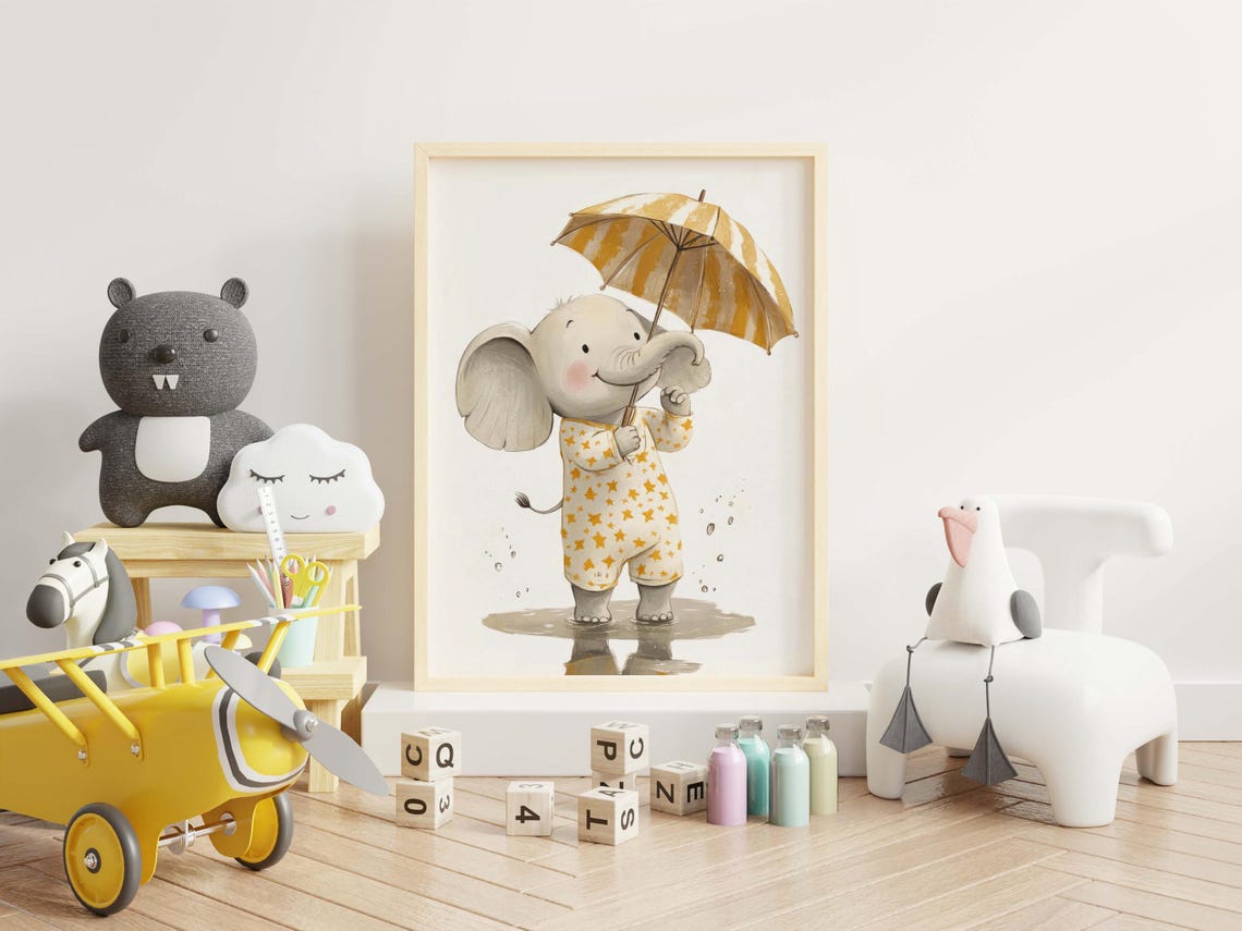 Baby Elephant With Yellow Umbrella Star Pajamas Nursery Wall Art - Image 2