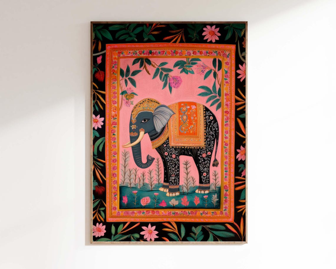 Ornamental Indian Elephant Pink Floral Frame Folk Art Poster - Image 3