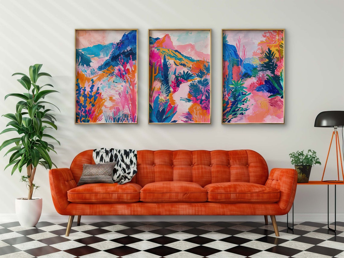 Set of Three Colorful Abstract Mountain Landscape Paintings Wall Art