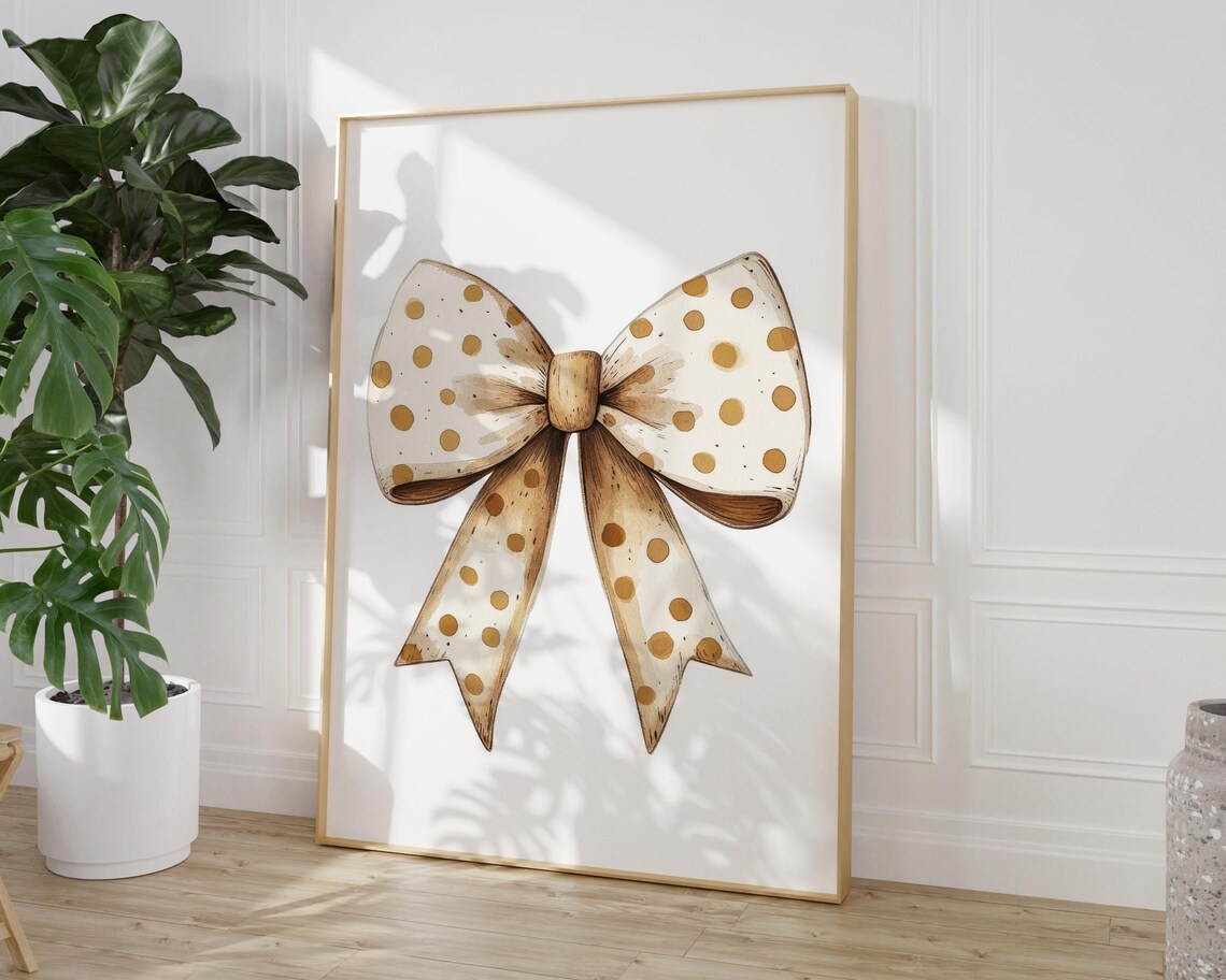 Soft Beige Polka Dot Bow Watercolor Nursery Girls Room Wall Art - Image 3