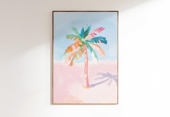 Pastel Palm Tree Pink Beach Minimalist Tropical Coastal Wall Art