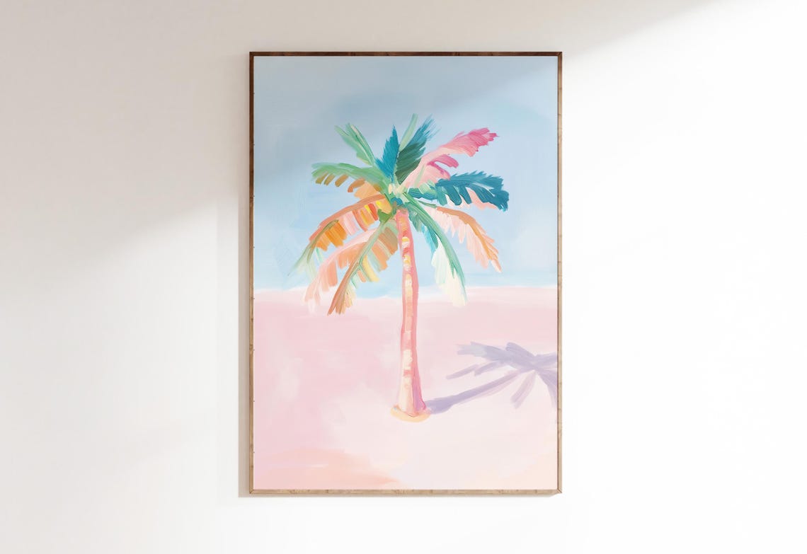 Pastel Palm Trees Wall Art Girly Beach Print Dining Room Summer Colourful Tropical