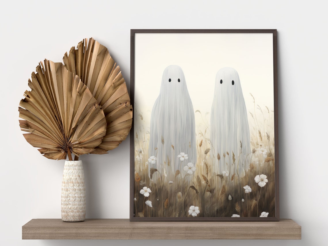 Two Cute Ghosts in a Flower Meadow Vintage Halloween Art Poster - Image 3