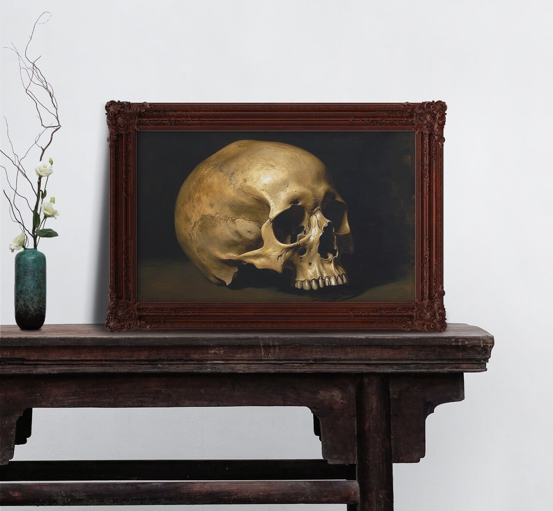 Antique Macabre Art Skull Painting Vintage Gothic Halloween Home Decor Dark Academia Print Goth Wall