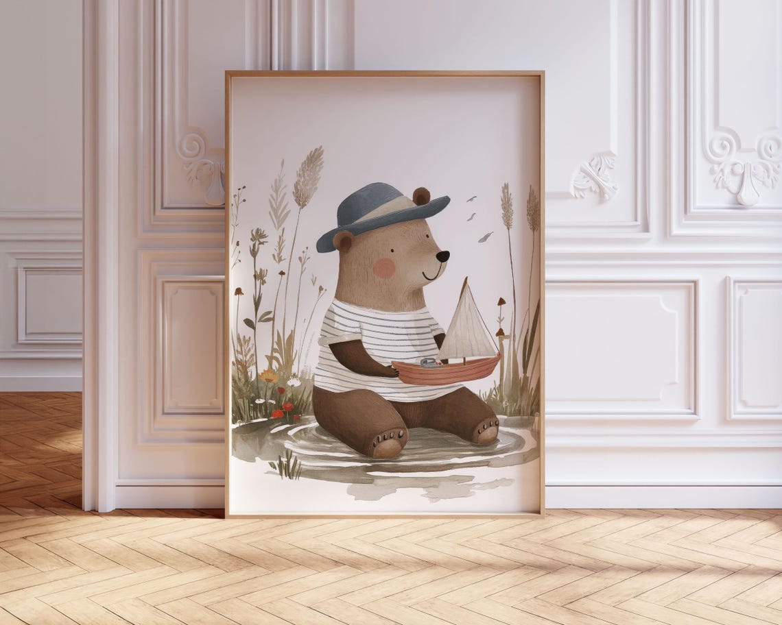 Brown Bear in Hat With Toy Sailboat Pond Playful Nursery Wall Art - Image 2