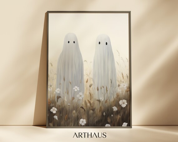 Cute Ghost On A Flower Meadow Vintage Painting Farmhouse Halloween Decor Ghost Spooky Wall Art