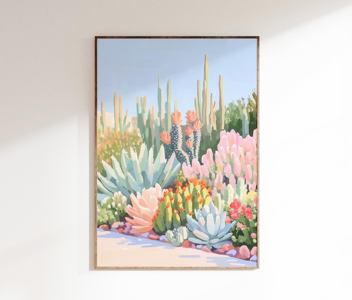 Desert Cactus Garden Pastel Succulents Blooming Southwestern Cottage Boho Print