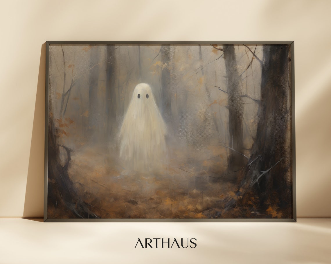 Cute Ghost Misty Autumn Forest Moody Halloween Woods Decor Print