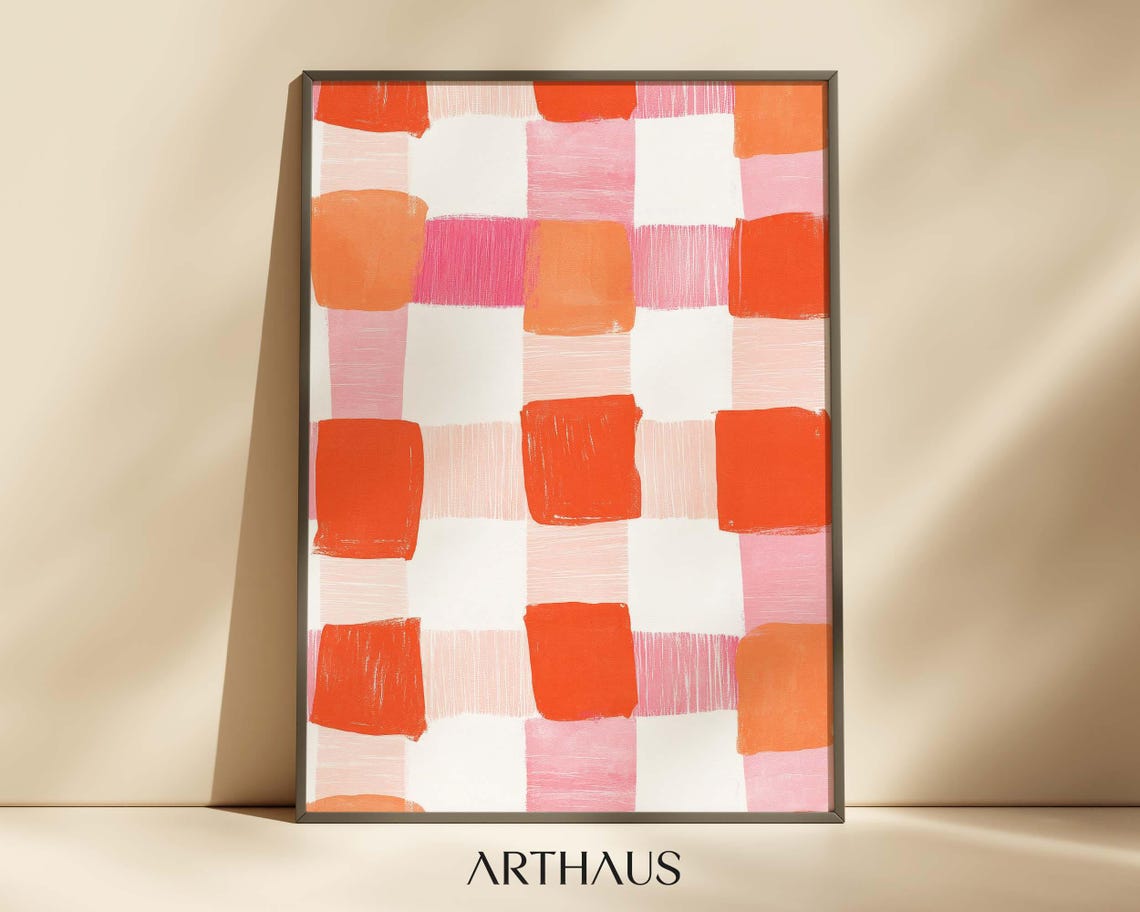 Pink Orange Checkered Pattern Abstract Brushstroke Nursery Wall Art