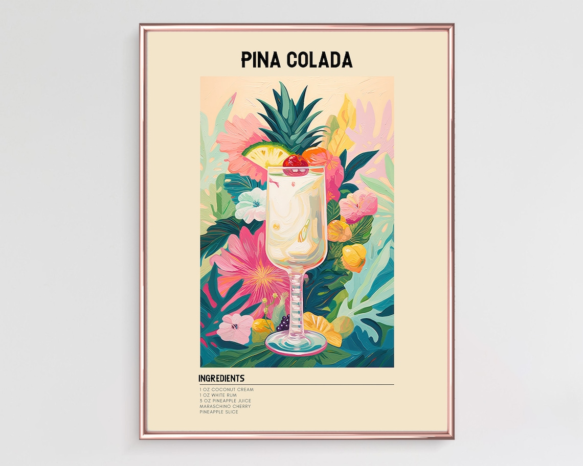 Pina Colada Cocktail Art Print, Bar Cart Decor