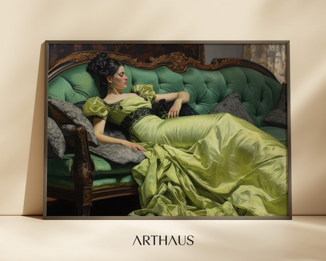 Victorian Lady Green Silk Gown Sofa Vintage Altered Art Print