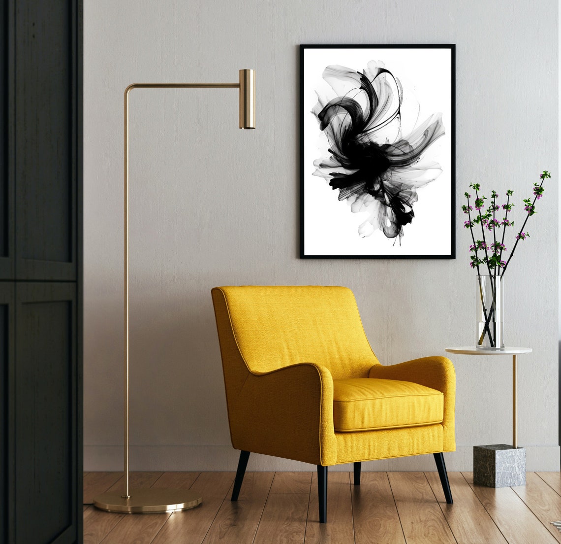 Black Ink Abstract Bloom Minimalist Monochrome Floral Style Wall Art - Image 3