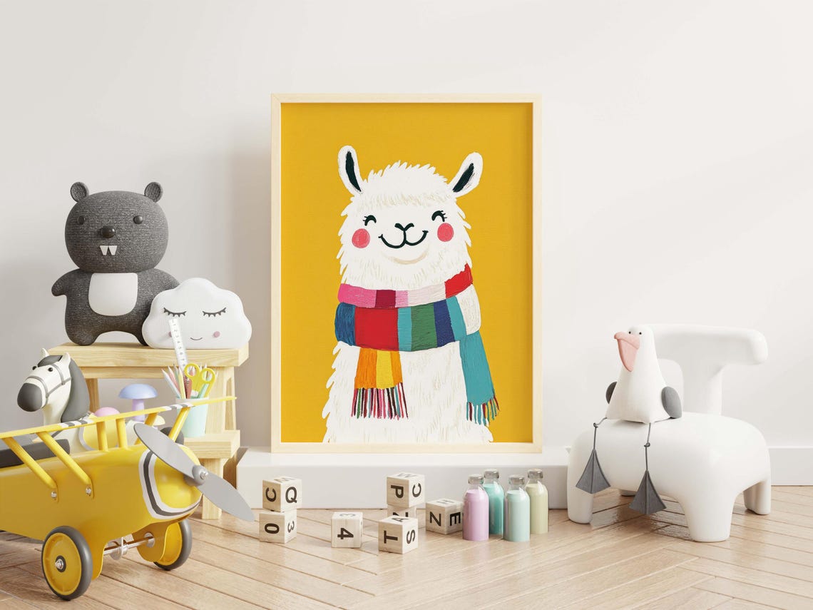 Cute Smiling Llama Colorful Scarf Mustard Yellow Nursery Wall Art - Image 3