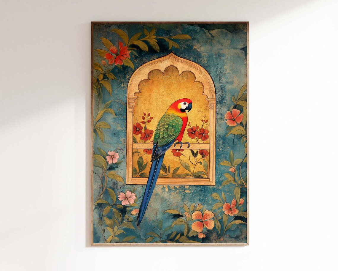 Indian Folk Parrot in Mughal Arch Teal Gold Vintage Bird Poster - Image 3