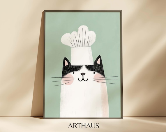 Cute Chef Cat Wearing Tall Hat Mint Nursery Kitchen Wall Art