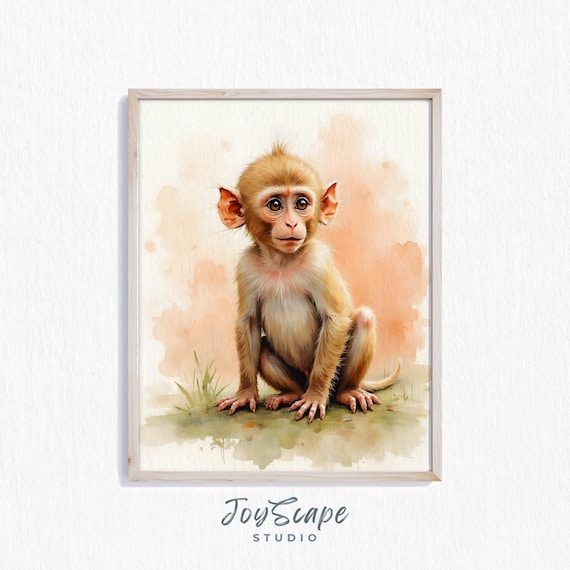 Baby Macaque Monkey Watercolor Nursery Jungle Animal Art Print