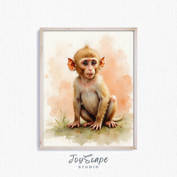 Baby Macaque Nursery Art Infant Animal Wall Decor Cute Monkey Print For Kids Room Jungle Illustration Poster 418