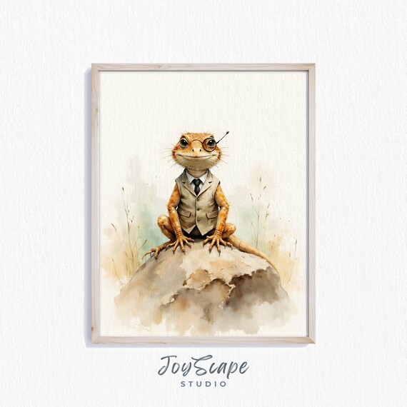Dapper Lizard In Suit Glasses Watercolor Funny Reptile Nursery Wall Poster