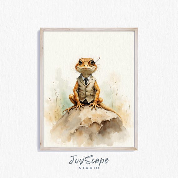 Funny Lizard Watercolor Nursery Wall Art Quirky Suit Style Reptile Painting