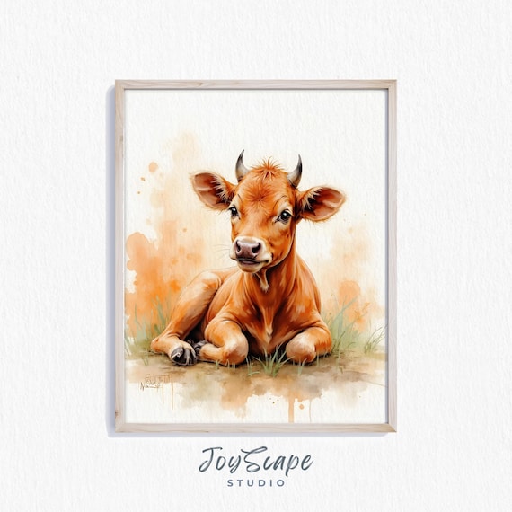 Texas Longhorn Calf With Horns Watercolor Rustic Animal Art Poster