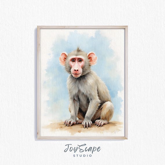 Baboon Wall Art Playful Animal Portrait Rustic Wildlife Decor Nursery Painting 280