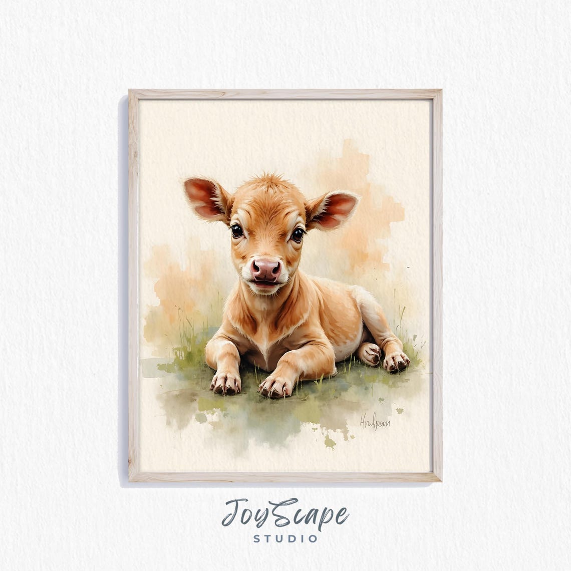 Golden Brown Calf Watercolor Portrait Country Nursery Decor Poster