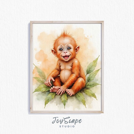 Baby Orangutan Nursery Print Adorable Animal Wall Art Jungle Theme Decor Illustration 424