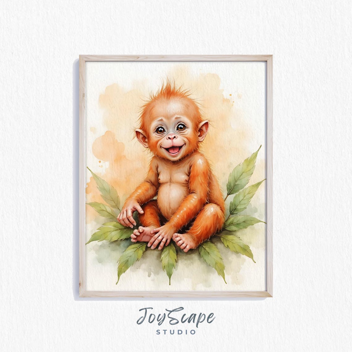 Baby Orangutan Watercolor Nursery Poster with Smiling Jungle Ape