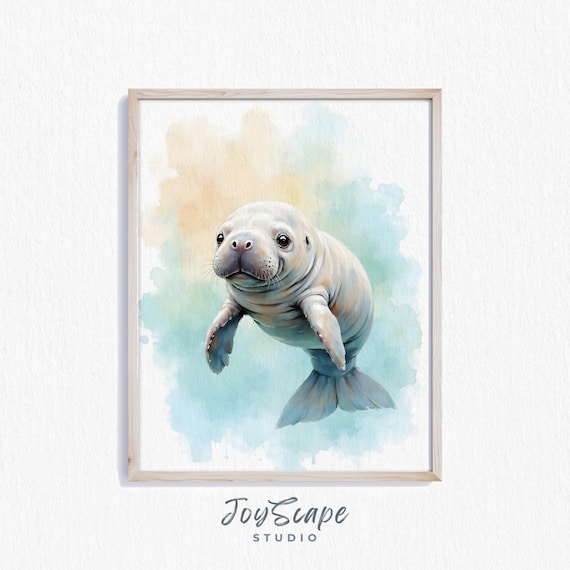 Baby Manatee Calf Watercolor Coastal Nursery Cute Animal Art Print