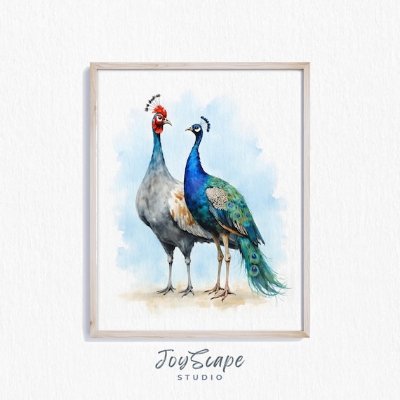 Peacock Pair Watercolor Art Blue and Gold Bird Illustration Poster